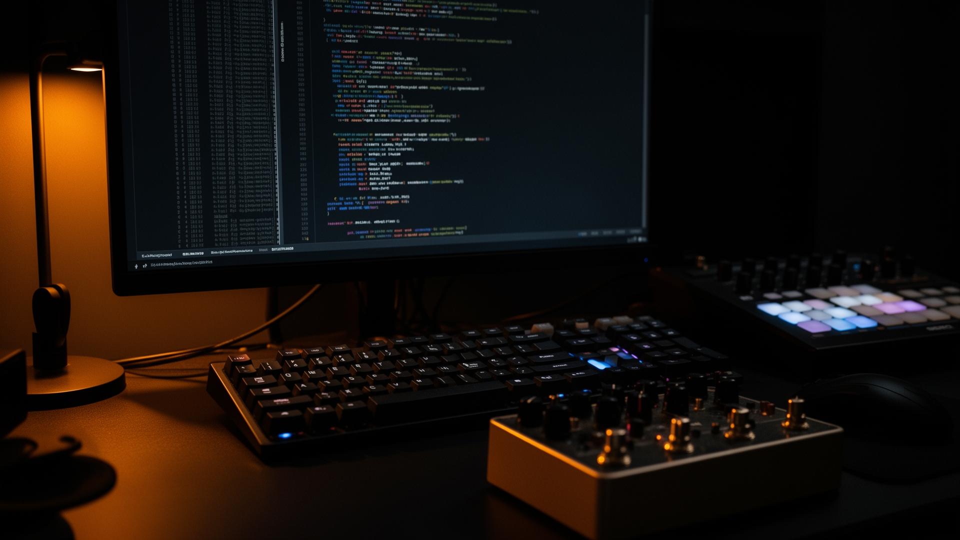 Estúdio com setup musical e desenvolvimento de software